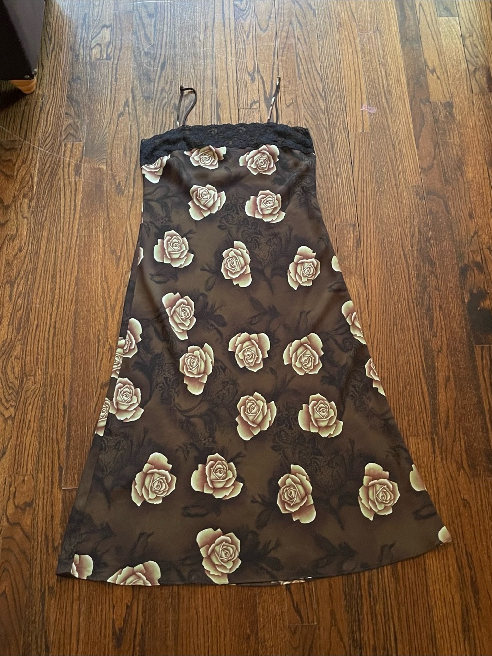 Black Floral Slip Dress with Lace Trim